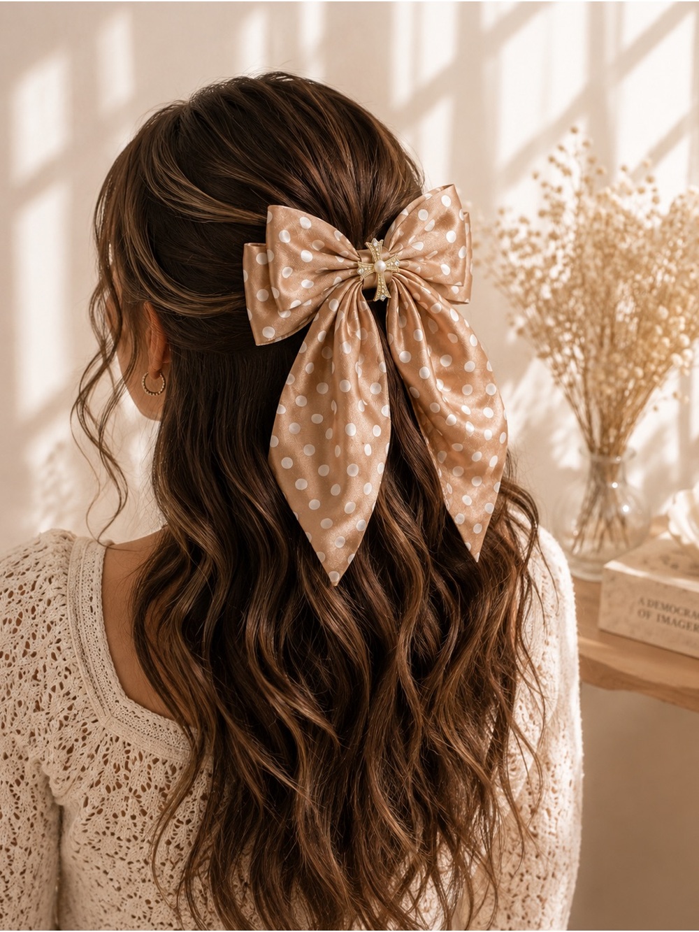 Polka Dot Beige Bow Hair Clip for Women